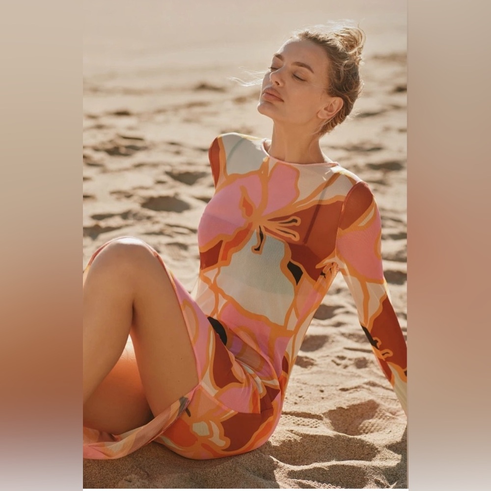 🆕Hutch Niko Cover-Up Maxi Dress Micro Mesh Orange Pink Sz Medium